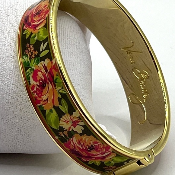 Vera Bradley Enamel English Rose Floral Hinged Gold Tone Bangle Bracelet Pink - Picture 4 of 8